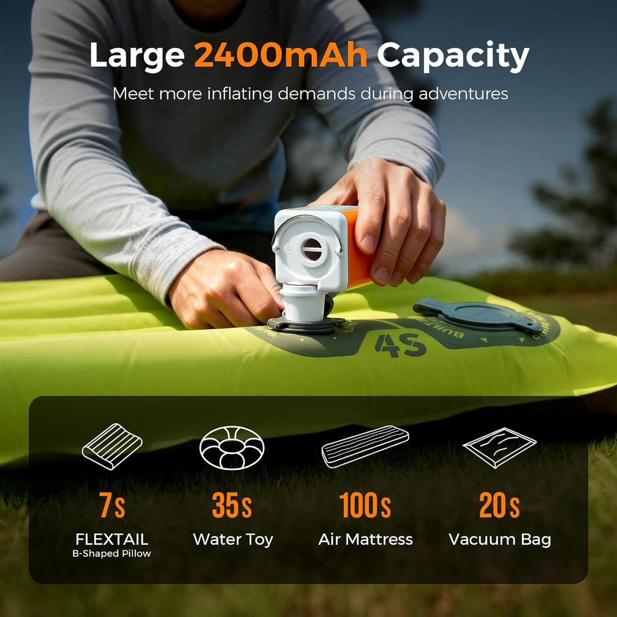 Portable Air Pump for Inflatables, 2400Mah Ultra Powerful Mini Air Mattress Pump with Camping Light, 4.5Kpa Electric Air Pump Camping Gear for Pool Float, Air Mattress,Vacuum Storage Bags