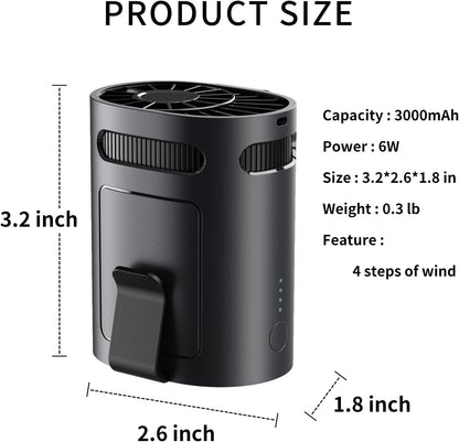 Portable Waist Fan, Clip on Belt Personal Fan, 4-Speeds, Rechargeable, Hiking, Riding, Fishing, Hands-Free Neck Hanging for Hiker, Worker, Wearable Camping, Outdoor, Jobsite, Traveling