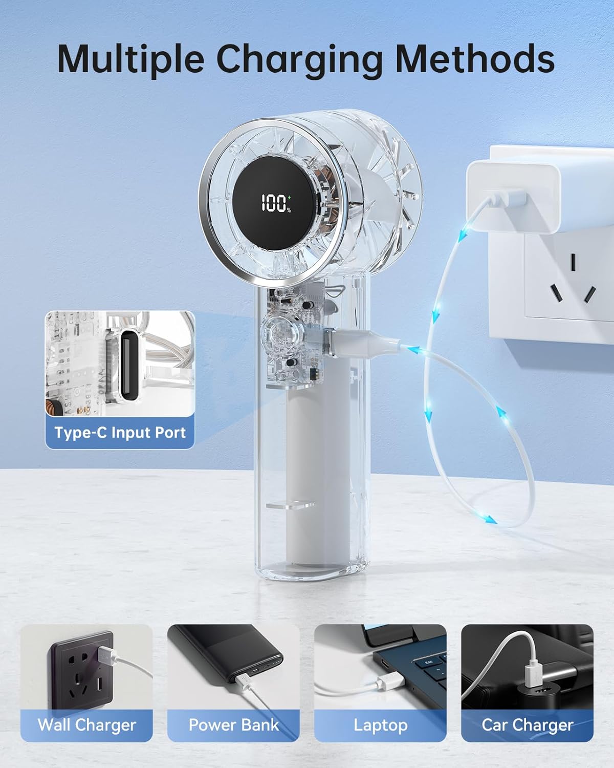 Portable Fan Mini Handheld Turbo Fan for Travel, 20H Max Cooling Time, 1-100 Speeds Rechargeable Battery Fans with LED Display, Transparent Hand Held & Desk Personal Fans for Outdoor Beach