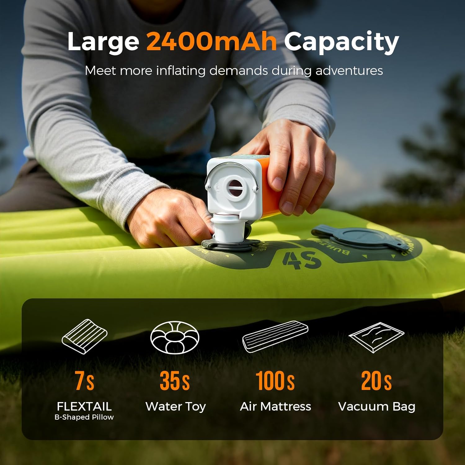 Portable Air Pump for Inflatables, 2400Mah Ultra Powerful Mini Air Mattress Pump with Camping Light, 4.5Kpa Electric Air Pump Camping Gear for Pool Float, Air Mattress,Vacuum Storage Bags