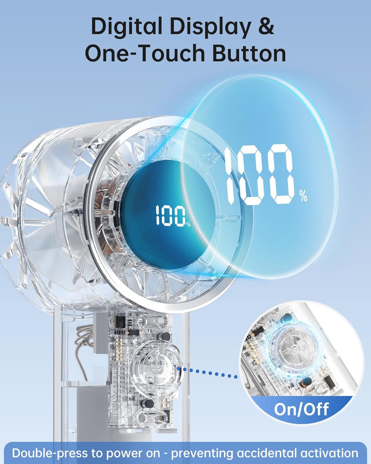 Portable Fan Mini Handheld Turbo Fan for Travel, 20H Max Cooling Time, 1-100 Speeds Rechargeable Battery Fans with LED Display, Transparent Hand Held & Desk Personal Fans for Outdoor Beach