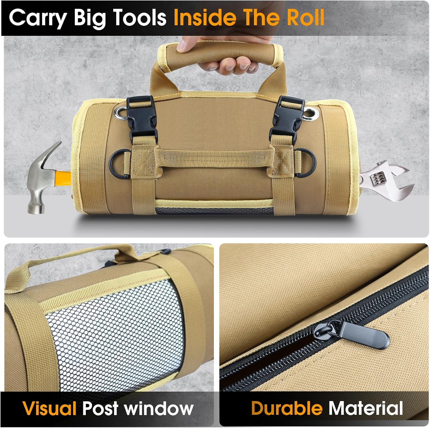 Roll up Tool Bag, Heavy Duty Tool Organizer with 2 Detachable Pouches, Durable Tool Storage for Men, Women, Husband, Handyman, RV Owners, Khaki