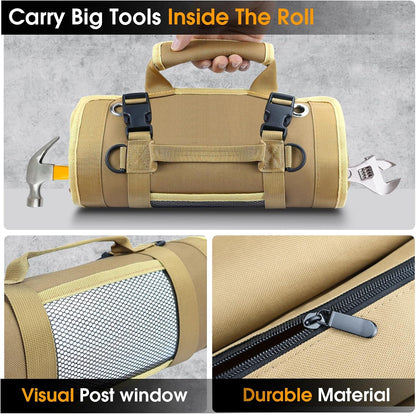 Roll up Tool Bag, Heavy Duty Tool Organizer with 2 Detachable Pouches, Durable Tool Storage for Men, Women, Husband, Handyman, RV Owners, Khaki