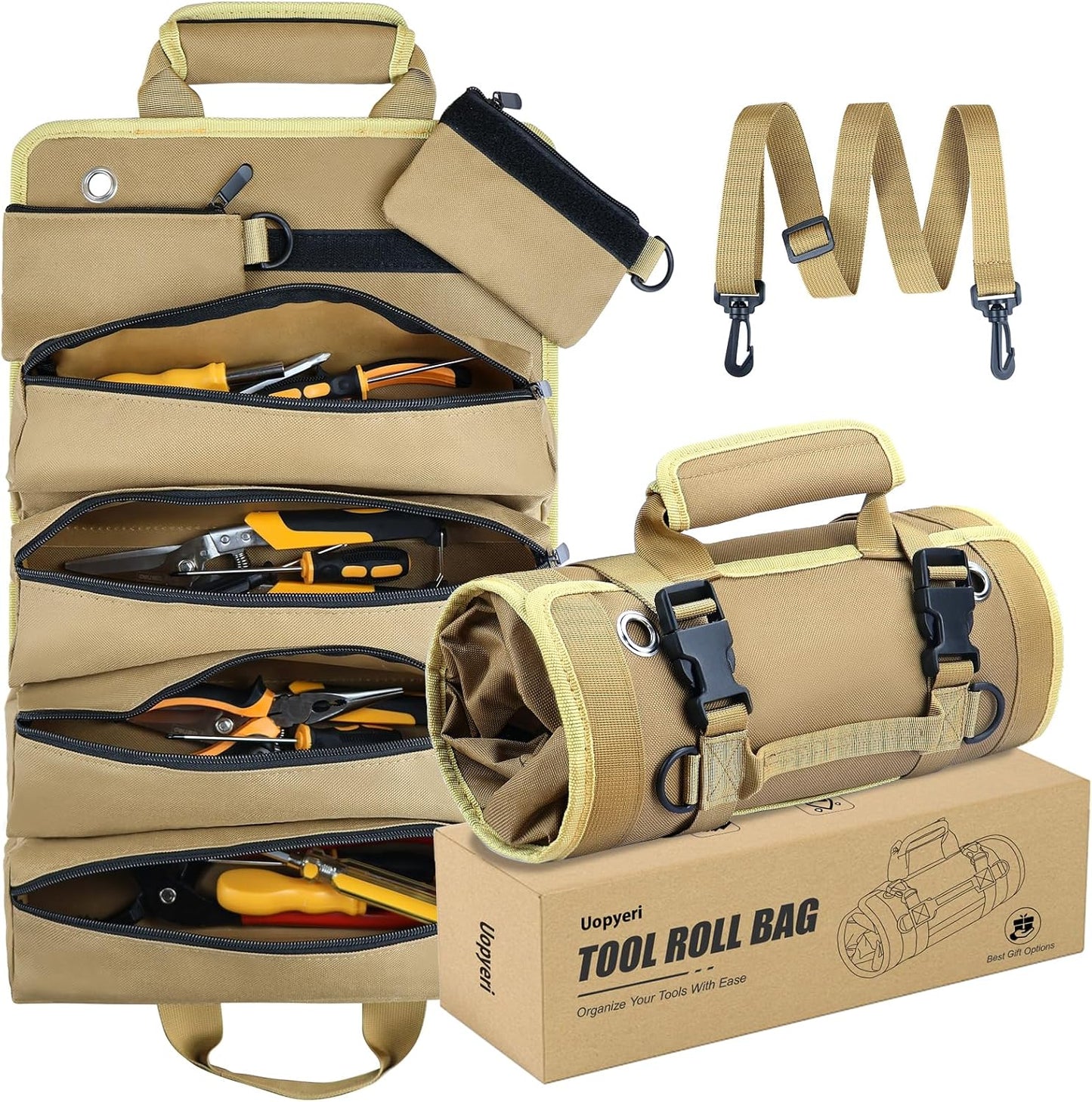 Roll up Tool Bag, Heavy Duty Tool Organizer with 2 Detachable Pouches, Durable Tool Storage for Men, Women, Husband, Handyman, RV Owners, Khaki
