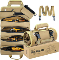 Roll up Tool Bag, Heavy Duty Tool Organizer with 2 Detachable Pouches, Durable Tool Storage for Men, Women, Husband, Handyman, RV Owners, Khaki