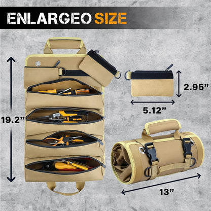 Roll up Tool Bag, Heavy Duty Tool Organizer with 2 Detachable Pouches, Durable Tool Storage for Men, Women, Husband, Handyman, RV Owners, Khaki