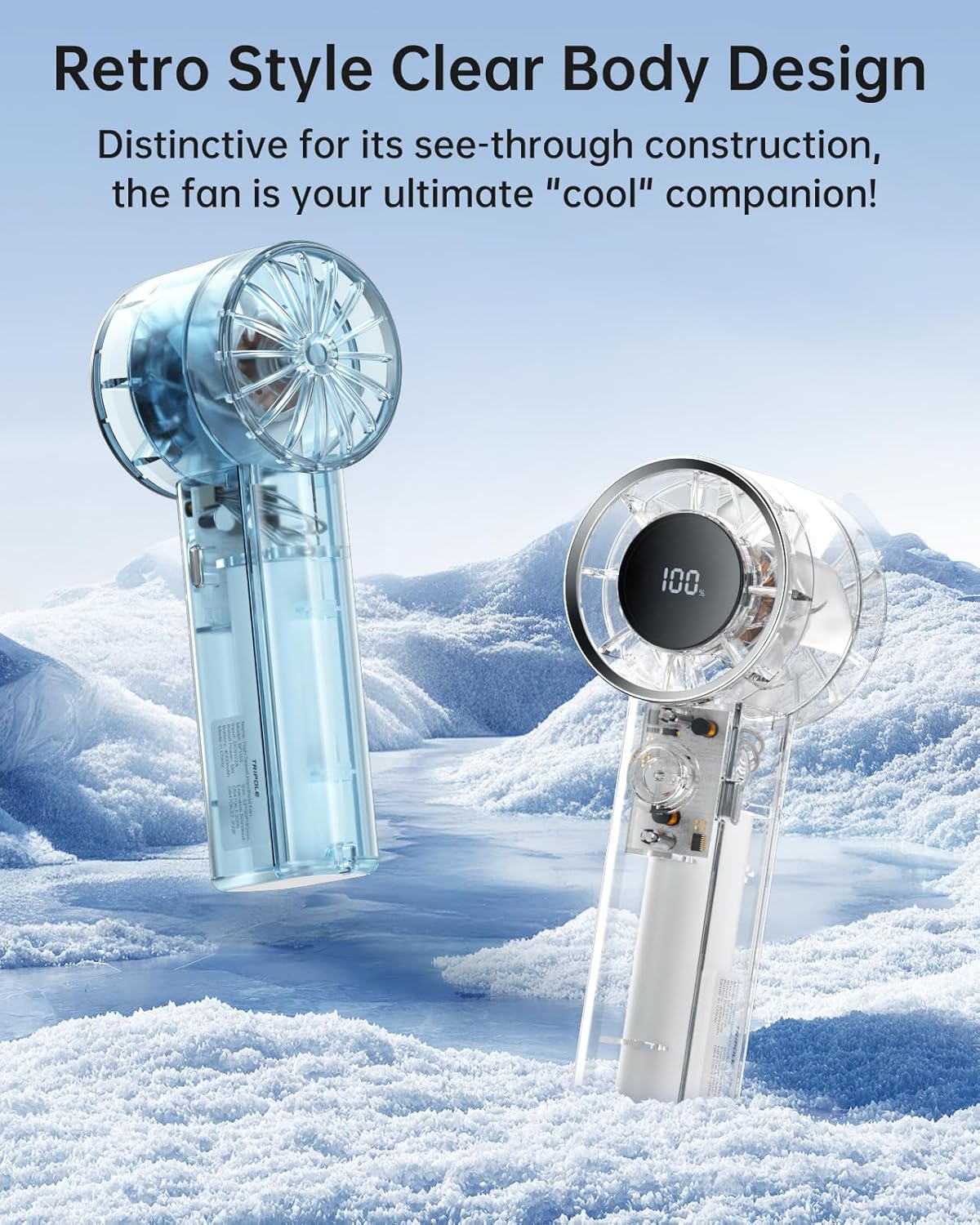 Portable Fan Mini Handheld Turbo Fan for Travel, 20H Max Cooling Time, 1-100 Speeds Rechargeable Battery Fans with LED Display, Transparent Hand Held & Desk Personal Fans for Outdoor Beach